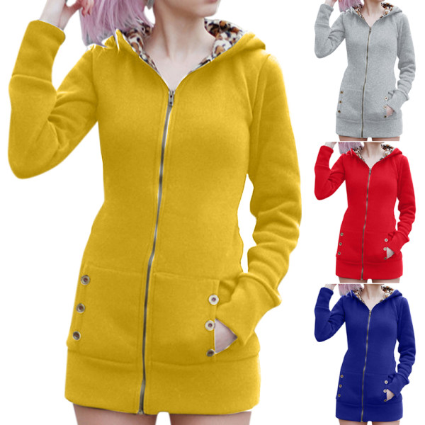 Vinter Kvinnor Hooded Thickened Plus Fleece Leopard Sweater Jacka Yellow XL