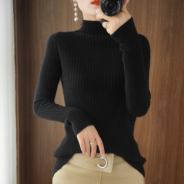Kvinder Ticked Autumn Winter Sweater Halv rullekrave Cashmere Glue Fit Løst overtøj Black S