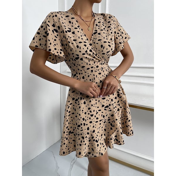 HAUFR Kvinders Sommer Polka Dots V-hals Flæser Cap Sleeve A Line Mini Kjole Khaki X-Small