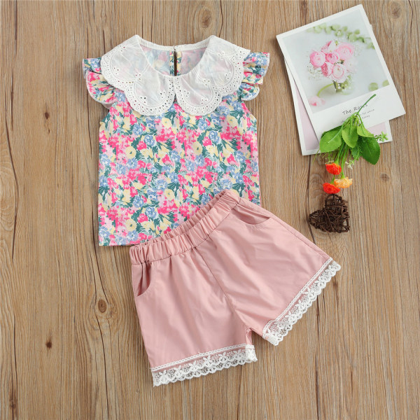 2 kpl Baby Summer Outfit Tyttö Printed Ruffle Top Lace shortsit Pink 120cm