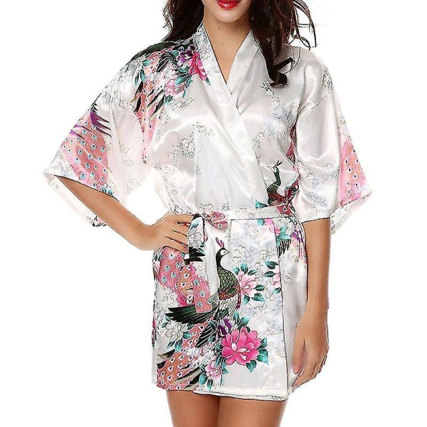 Kvinnor Blommig Siden Satin Kimono Robe Klänning Sovkläder Badrock White M