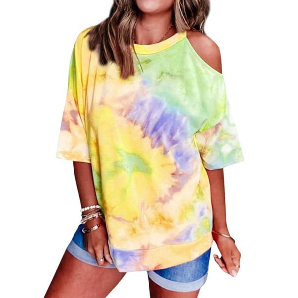 Dame T-shirt Tie-dye printet løs top kold skulder bluse Yellow M