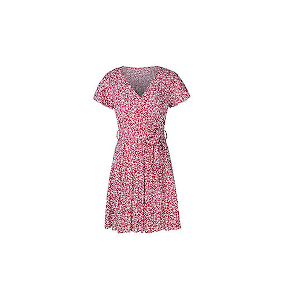 Floral V-hals Minikjole Sexy Wrap Dress Dame Flowy Kortermet Sundress Red M
