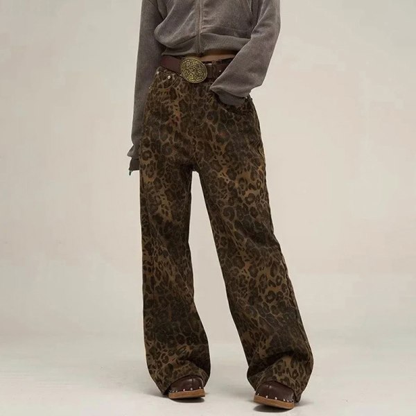 Tan Leopard Jeans Naisten farkkuhousut Leveälahkeiset housut leopardikuvioinen leopard print M