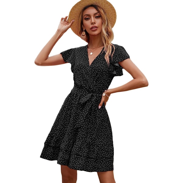 HAUFR Summer Polka Dots V-hals Ruffles Cap Sleeve A Line Mini Dress Black X-Large