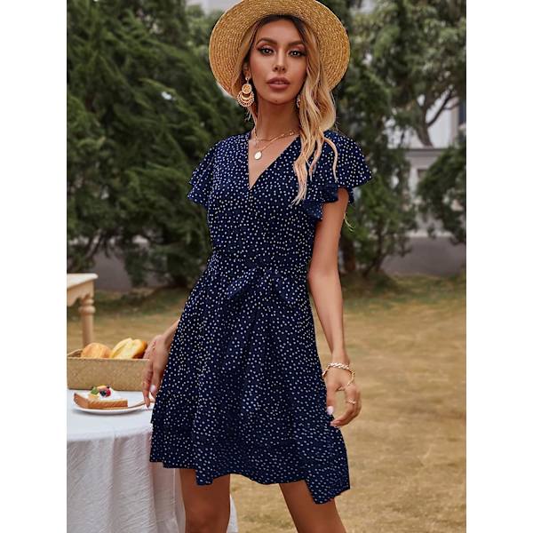 HAUFR Kvinders Sommer Polka Dots V-hals Flæser Cap Sleeve A Line Mini Kjole Navy Blue X-Large
