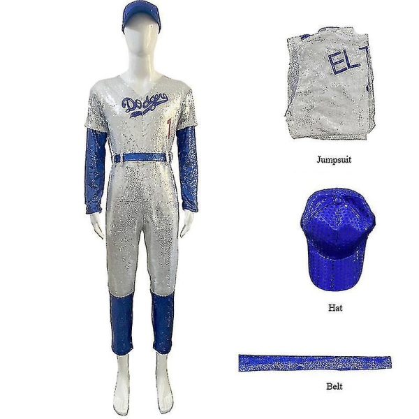 Voksne Cosplay Bodysuit Rocketman Elton John Kostume Baseball Uniform Jumpsuit med Kasket Hat Bælte Halloween Carnival Fancy Party S