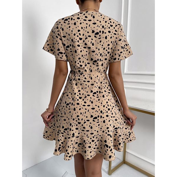 HAUFR Kvinders Sommer Polka Dots V-hals Flæser Cap Sleeve A Line Mini Kjole Khaki X-Small