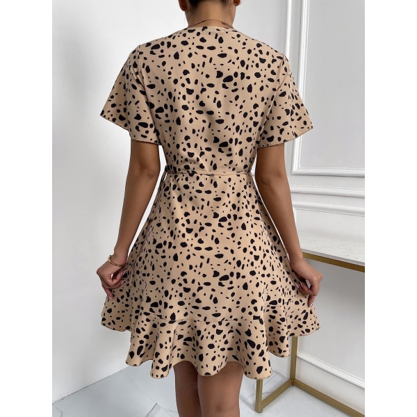 HAUFR Summer Polka Dots V-hals Ruffles Cap Sleeve A Line Mini Dress Khaki Small