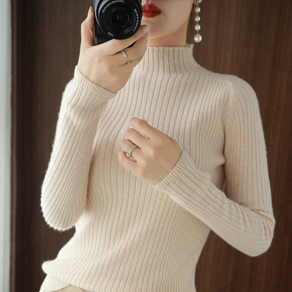 Naisten neulottu syksyinen talvipusero, puolikilpipäällinen kashmir Slim Fit löysät päällysvaatteet Light Beige XL