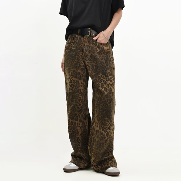 Tan Leopard Jeans Dame denimbukser Bukser med brede ben leopardprint leopard print XL