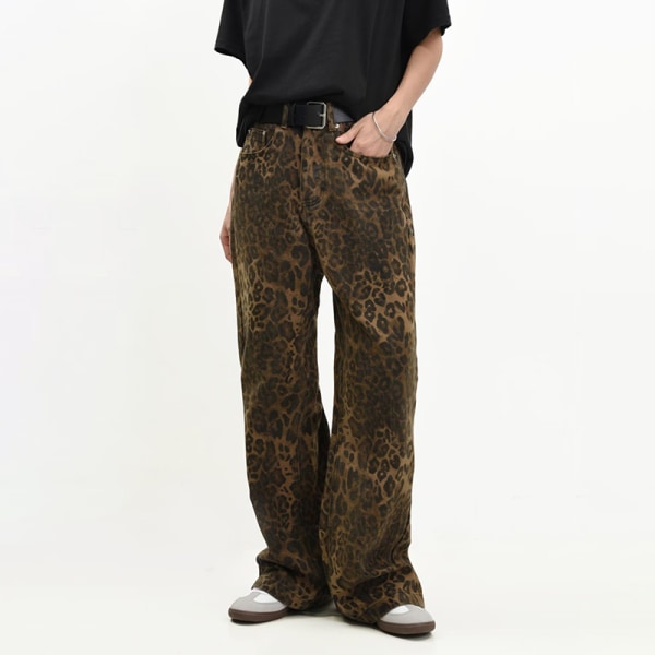 Tan Leopard Jeans Naisten farkkuhousut Leveälahkeiset housut leopardikuvioinen leopard print 3XL