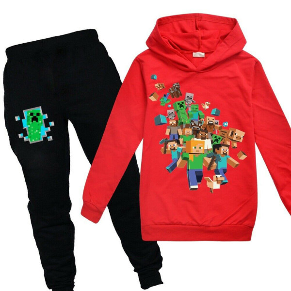 Minecraft Kids Hoodies Träningsoverall Set Huvtröja + Byxor Jumper Suit Red 120cm