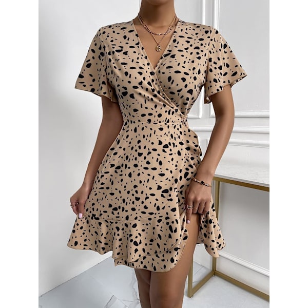 HAUFR Kvinders Sommer Polka Dots V-hals Flæser Cap Sleeve A Line Mini Kjole Khaki X-Small