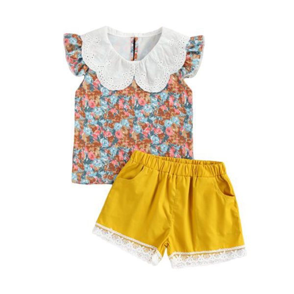 2 stk Baby Summer Outfit Girl Printed Ruffle Top Blonde Shorts Yellow 90cm