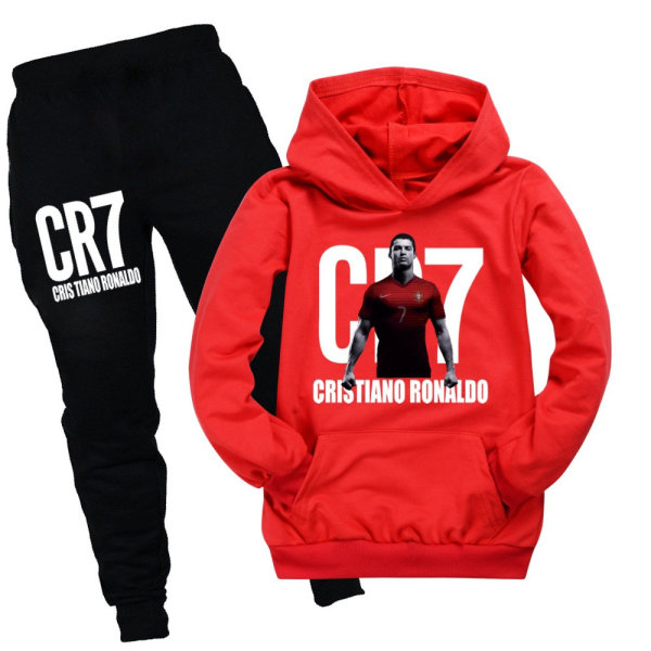 CR7 Ronaldo Drengetræningsoverall Fodbold Træningstrøje Sweatshirt Hoodie Topper + Bukser Outfits Rød Red 150cm