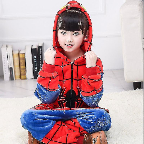 Barn Onesie Flanell Pyjamas Tecknad Djurfigur Kostym med Huva Vinter Hem Kostym För Little Spiderman
