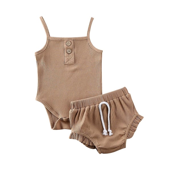 Knitted Crop Tops & Shorts Outfits Sleeveless Clothing Set - Khaki 0 to 3 Months