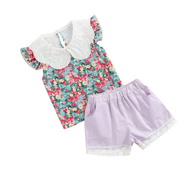 2 stk Baby Summer Outfit Girl Printed Ruffle Top Blonde Shorts Purple 80cm