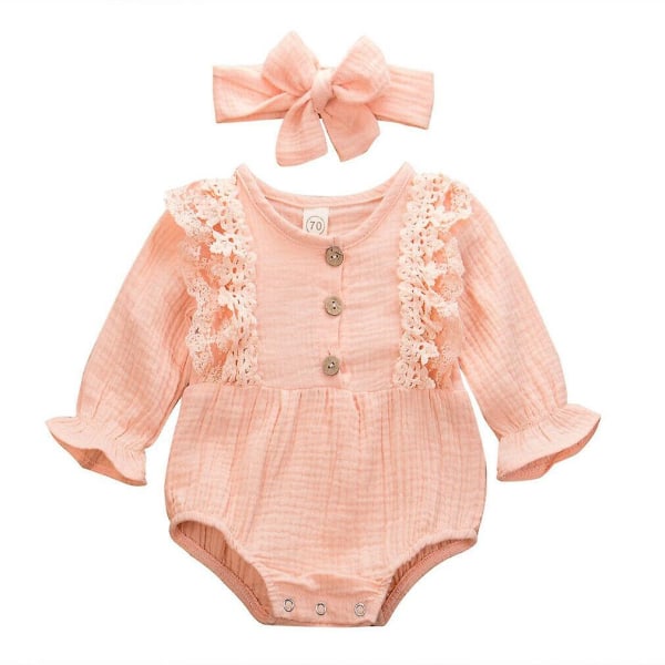 Newborn Warm Cotton Linen Button Ruffled Jumpsuit Pink 24M