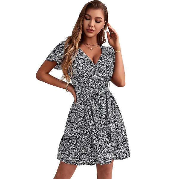 Blomsterfarvet V-hals Minikjole Exig Wrap Dress Kvinder Flowy Kortærmet Sundress Black S