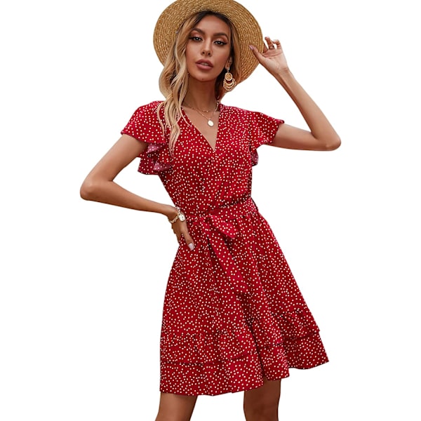 HAUFR Kvinders Sommer Polka Dots V-hals Flæser Cap Sleeve A Line Mini Kjole Red X-Large