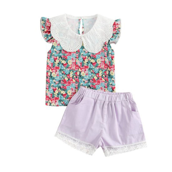 2st Baby Summer Outfit Girl Printed volang Top Lace Shorts Purple 100cm