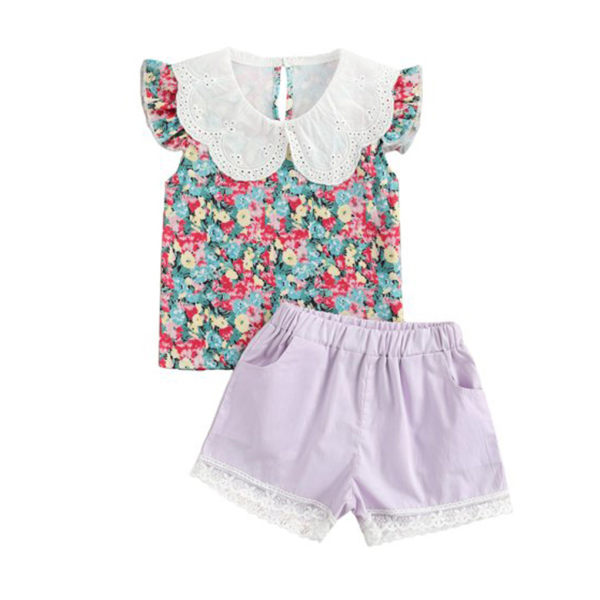 2 stk Baby Summer Outfit Girl Printed Ruffle Top Blonde Shorts Purple 120cm