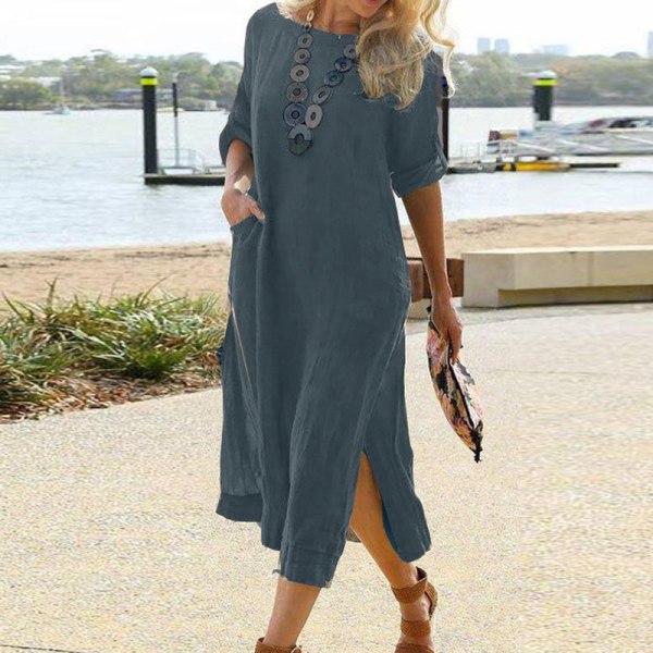 Kvinnor Roll Tab Sleeve Long Dress Solid Summer Beach Sundress Dark Gray XL