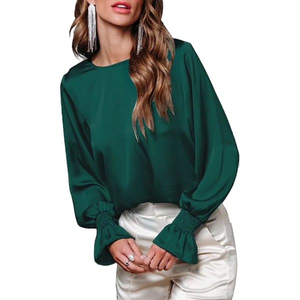 HAUFR Damtröjor Dressy Casual Crewneck Ruffle Bubble Långärmade skjortor Solida satängblusar Small Dark Green Dark Green