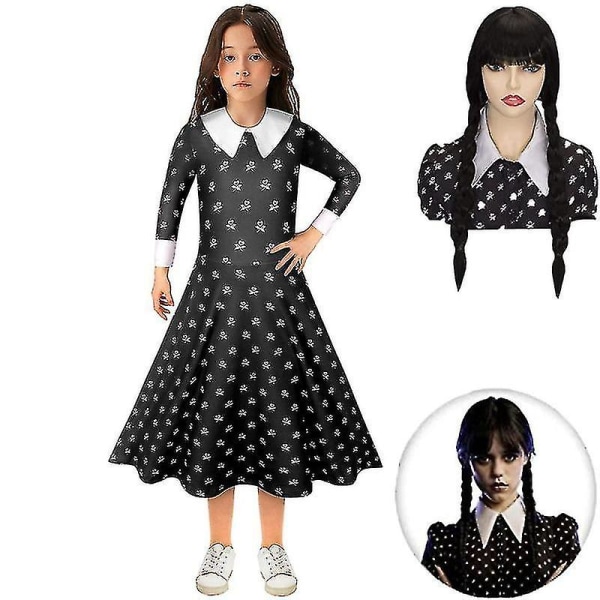 Halloween Performance Dress Frightened Wednesday Adams Cosaplay Barnklänning+peruk 150