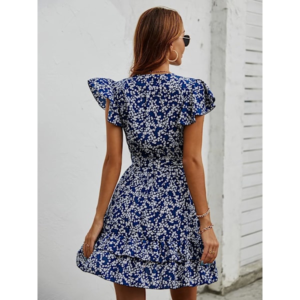 HAUFR Kvinders Sommer Polka Dots V-hals Flæser Cap Sleeve A Line Mini Kjole Blue Floral Small