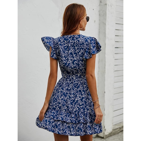 HAUFR Summer Polka Dots V-hals Ruffles Cap Sleeve A Line Mini Dress Blue Floral Large