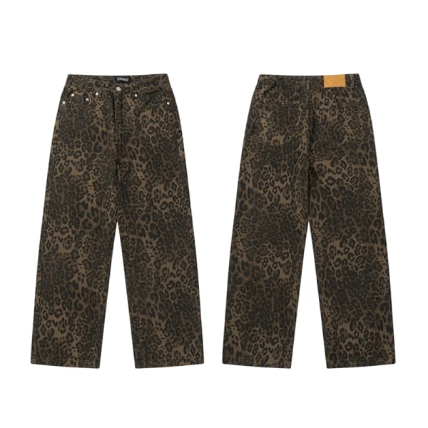 Tan Leopard Jeans Naisten farkkuhousut Leveälahkeiset housut leopardikuvioinen leopard print L