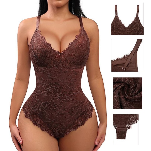 Damstrumpbyxor Shaper V-Neck Backless Tank One Piece Bodysuit Brown L