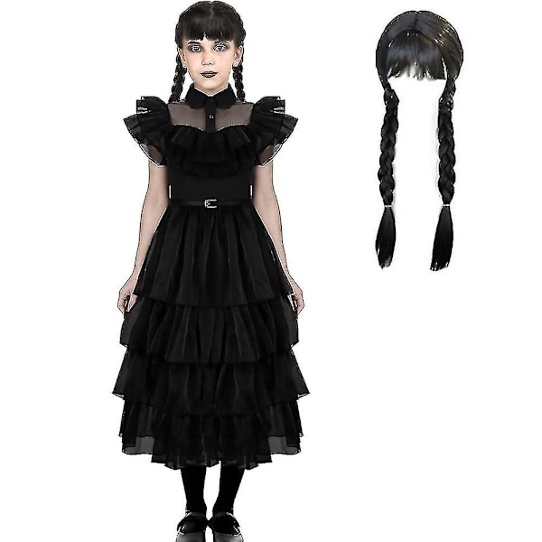 4-9 år jenter Wednesday Addams Cosplay kostyme sett Halloween karneval festkjole/parykker