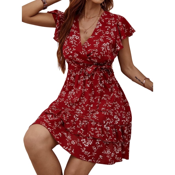 HAUFR Summer Polka Dots V-hals Ruffles Cap Sleeve A Line Mini Dress Burgundy X-Large