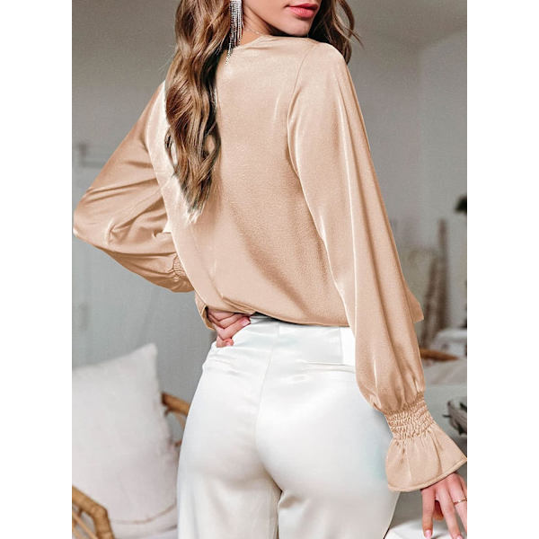 HAUFR Gensere for kvinner Dressy Uformell, rund hals Ruffle Bubble Langermede skjorter Solid sateng bluser X-Large Apricot Apricot
