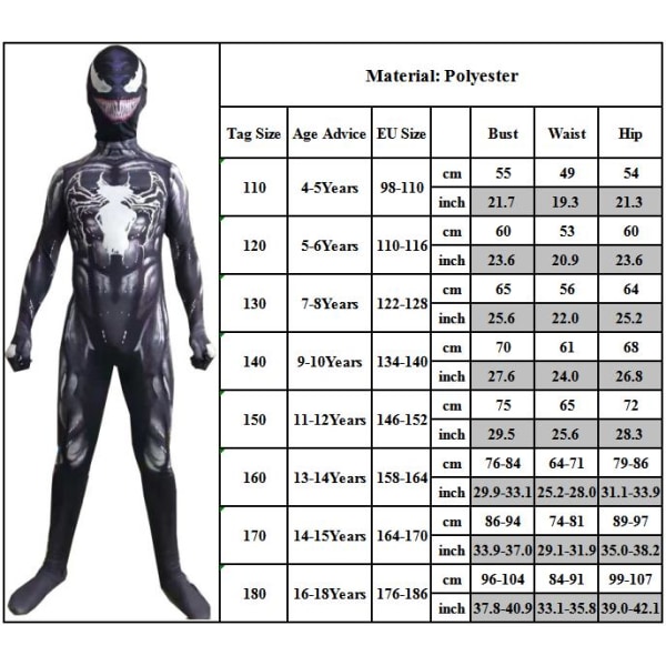 Barn Gutter Venom Superhelt Playsuit Jumpsuit Cosplay kostymer 150cm