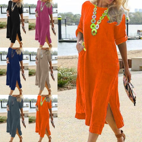 Kvinnor Roll Tab Sleeve Long Dress Solid Summer Beach Sundress Dark Blue 3XL