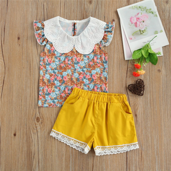 2 kpl Baby Summer Outfit Tyttö Printed Ruffle Top Lace shortsit Yellow 100cm