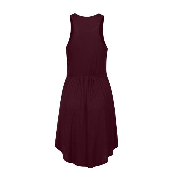 Kvinners sommer V-hals ermeløs ensfarget kjole - Burgundy M