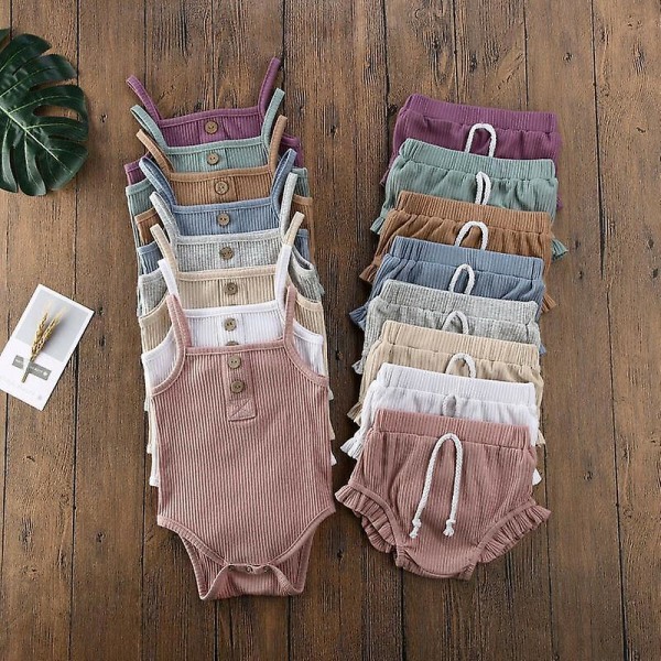 Strikkede Crop Tops & Shorts Outfits Ærmeløst tøjsæt - Pink 0 to 3 Months