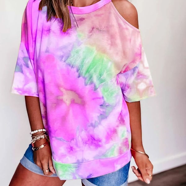 Dame T-shirt Tie-dye printet løs top kold skulder bluse Purple L