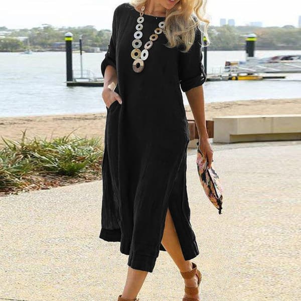 Dame Roll Tab Sleeve Lang kjole Solid Summer Beach Sundress Black 2XL
