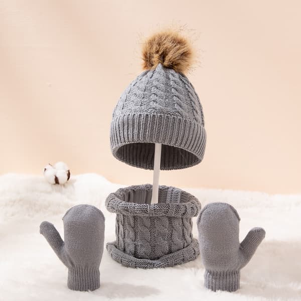 Beanie Hat Handskar Set *Pom Pom Bobble Hat Color Woolen Hats Grey