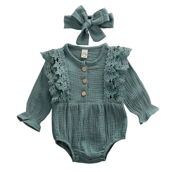 Nyfødt, varm bomulls-linne-knapp, rynget jumpsuit Green 12M