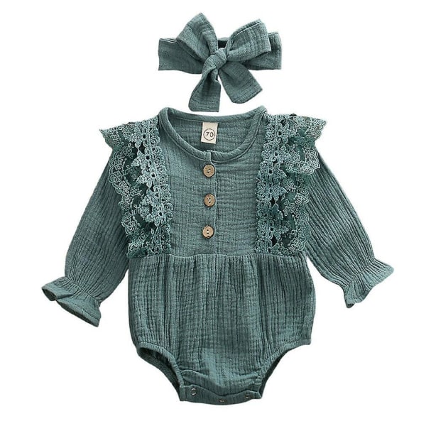 Nyfødt, varm bomulls-linne-knapp, rynget jumpsuit Green 6M