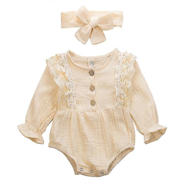 Nyfødt, varm bomulls-linne-knapp, rynget jumpsuit Beige 24M