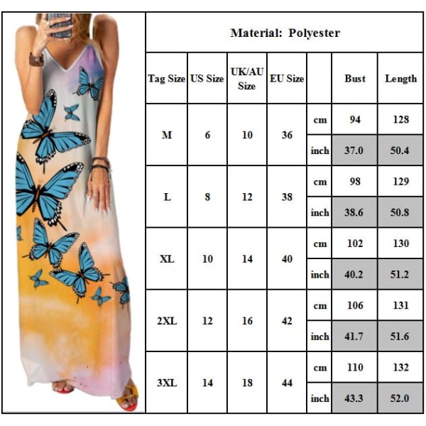 Damklänning 3D Butterflies Print Elegant lång klänning för fest C 2XL